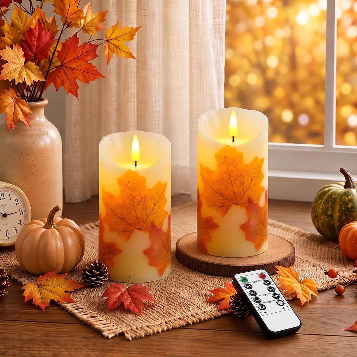 Raycare 6"x3" Maple Leaf Real Wax Flameless LED Pillar Candles with Remote