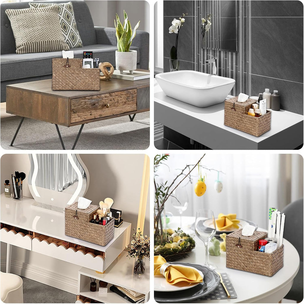 Sumnacon Tissue Box Cover Square Tissue Box Woven Seagrass Tissue Box Holder with Side Organizer, Rustic Tissue Holder for Living Room Bathroom Bedroom Kitchen Office Table Desk, Coffee