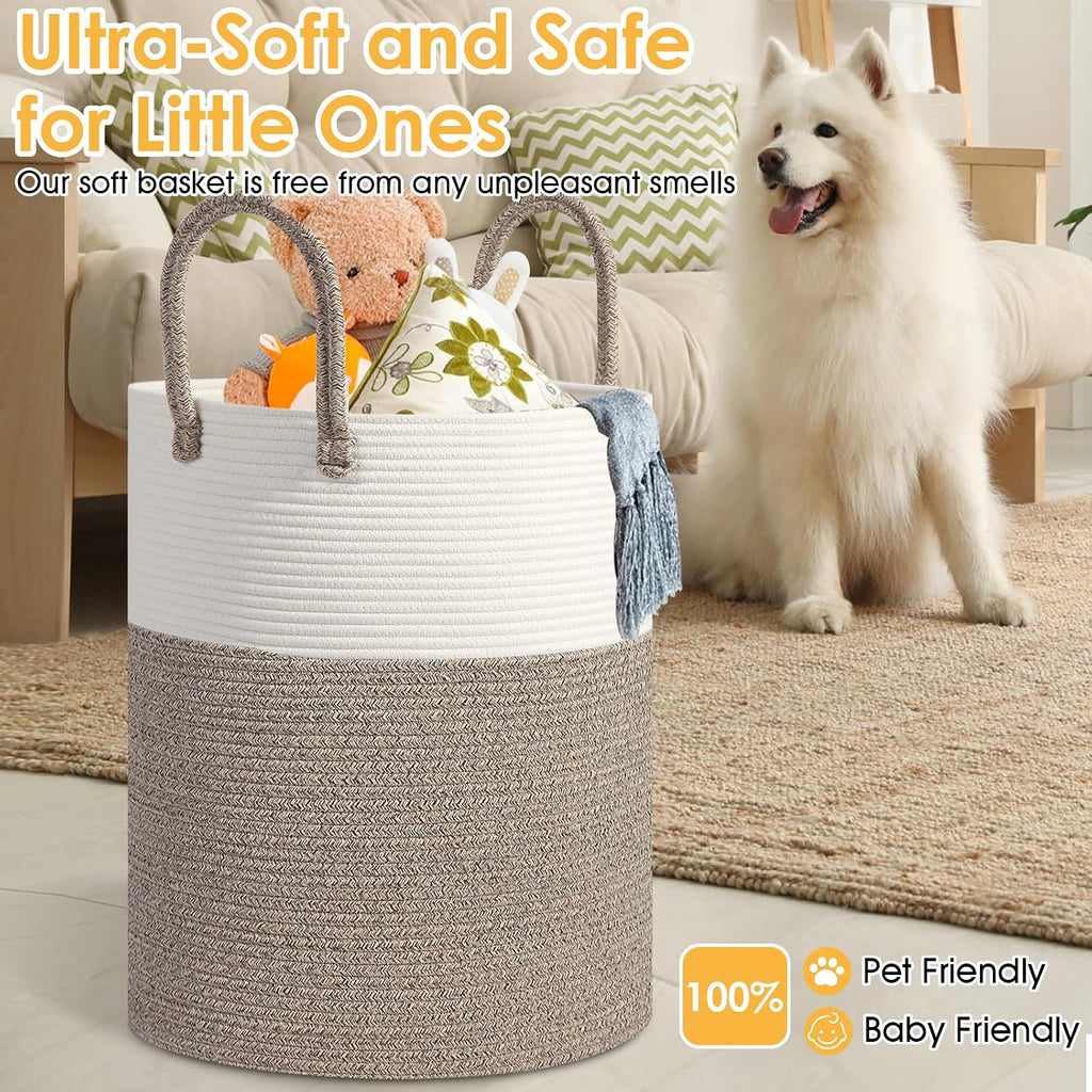 Large 60L Laundry Basket Hamper, Woven Cotton Rope Basket with Handles, Blanket Basket for Living Room, Baby Nursery, Bedroom & Bathroom, 15"D x 20"H Decorative Clothes Hamper, White/Brown