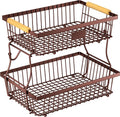 2 Tier Fruit Basket for Kitchen Counter with 2 Banana Hangers, Countertop Metal Bread Basket with Wooden Handle, Large Storage Stand for Vegetables, Snacks, Eggs, Produce Storage – Brown