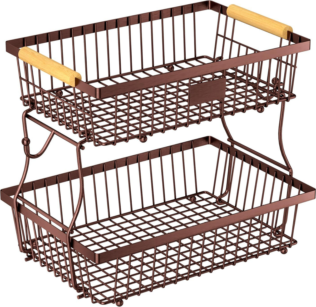 2 Tier Fruit Basket for Kitchen Counter with 2 Banana Hangers, Countertop Metal Bread Basket with Wooden Handle, Large Storage Stand for Vegetables, Snacks, Eggs, Produce Storage – Brown