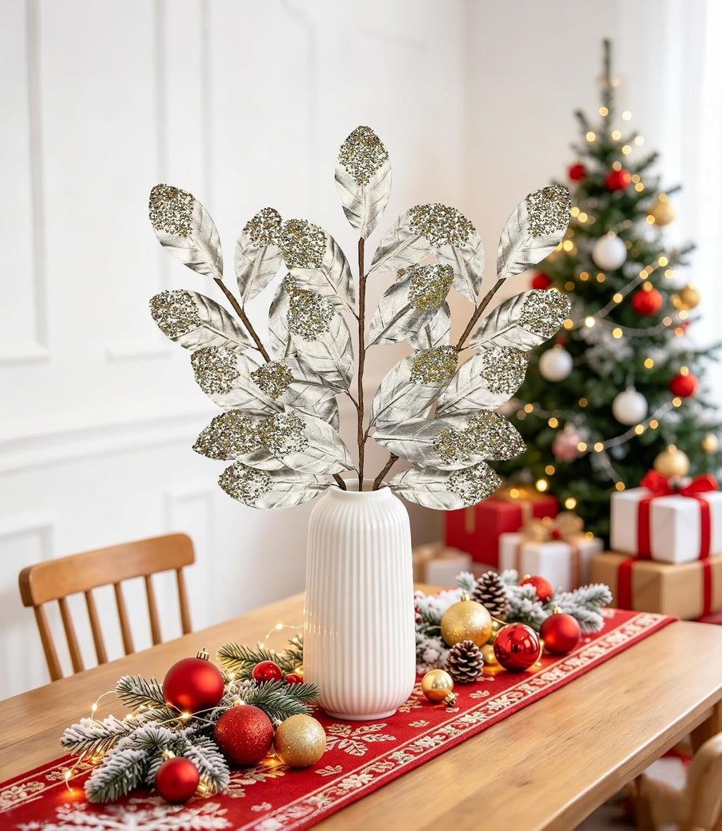 Hollyone Christmas Tree Picks and Sprays 3Pcs Champagne Artificial Magnolia Stems Magnolia Leaves Branches Fake Gold Leaf Floral for Vase DIY Xmas Tree Garland Wreath Centerpieces Wedding Decor