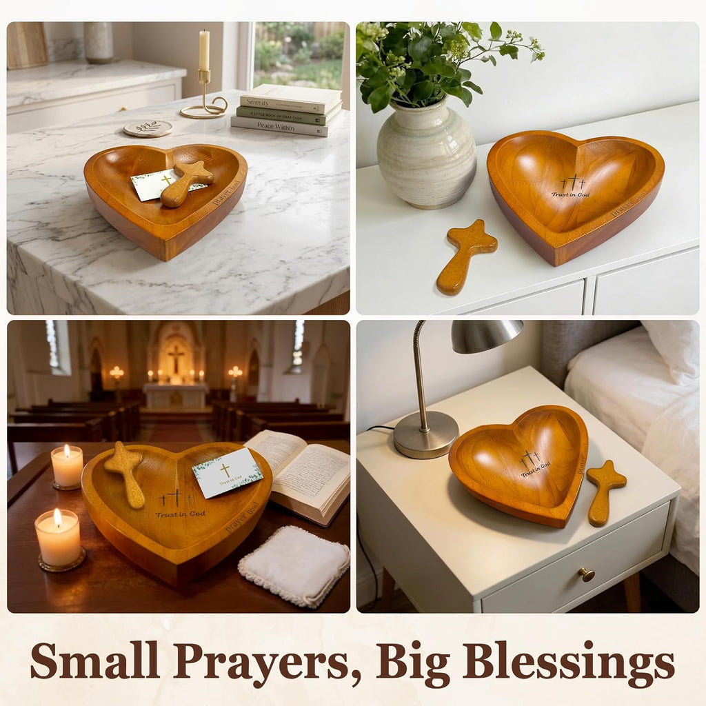 Prayer Bowls for Women Trust In God - Wooden Heart Prayer Bowl with 30 Cards & Wooden Fidget Cross - Birthday Gifts for Christian Women, Godmothers, Mom, Brown Heart Decorative Bowl with Storage Bag
