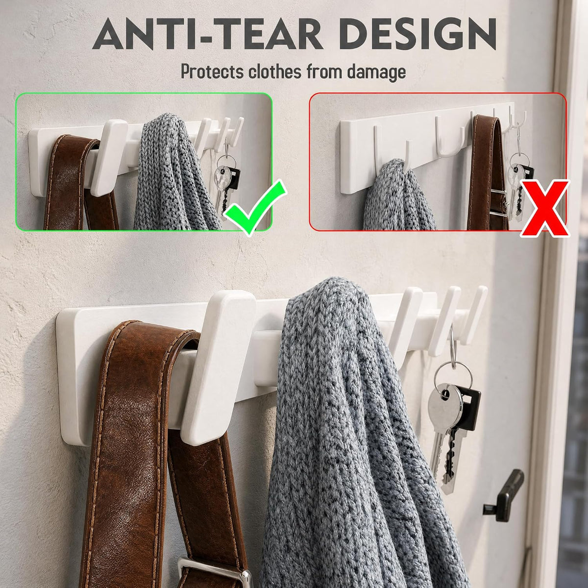 White Coat Rack Wall Hooks for Hanging Heavy Duty Door Hooks with 5 Hooks Key Holder for Wall Hat Rack for Entrance Coat Hook
