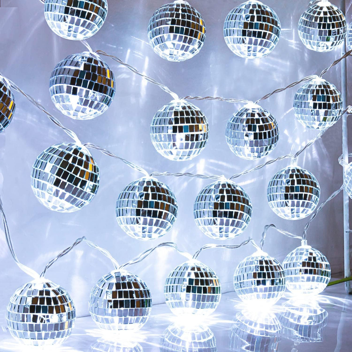 AceList 50 LED 16.4Ft Disco Ball String Light - Battery Powered and USB Plug, Disco Ball Lights for 70's Disco Party Decorations and Birthday Parties, Mamma Mia (Silver)