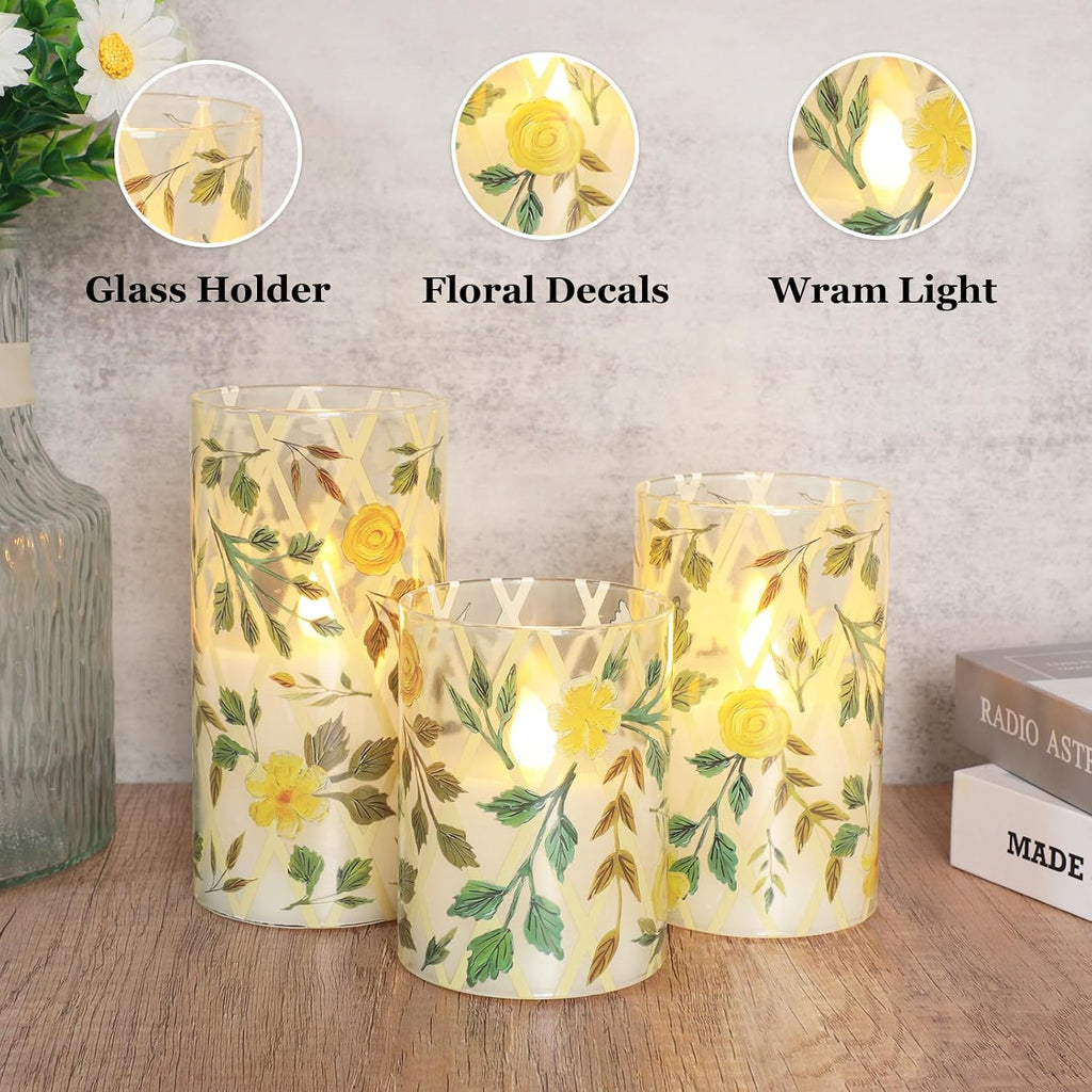 Yellow Glass Flameless Candles with Remote Vintage Rose LED Pillar Candles Battery Operated Timer & Dimmable Candle Light Rustic Farmhouse Decor for Room Wedding Table Centerpiece, 3 Pack