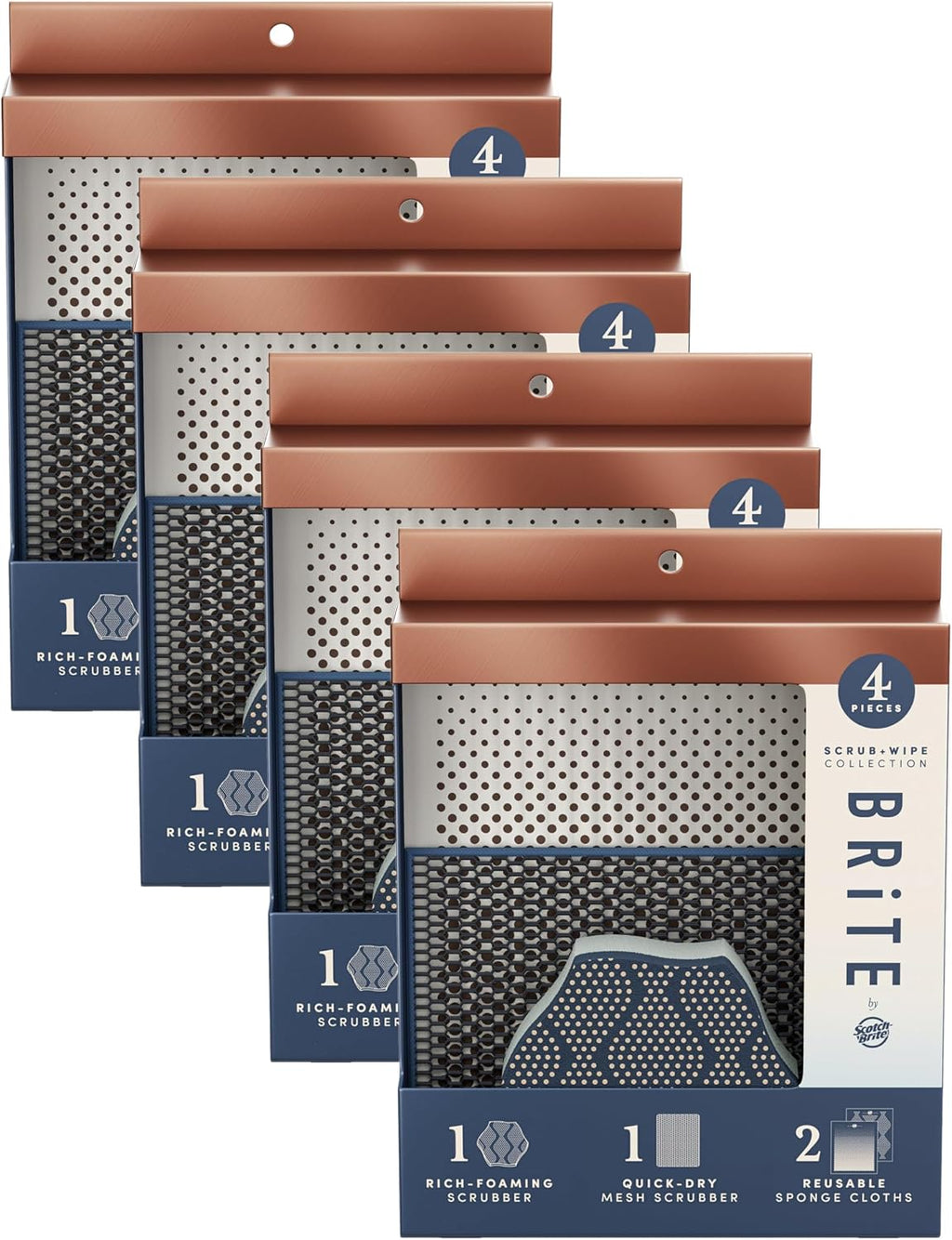 Brite by Scotch-Brite Limited Edition 4-Piece Scrub and Wipe Collection with 1 Rich-Foaming Dish Scrubber, 1 Quick-Dry Mesh Scrubber, and 2 Reusable Sponge Cloths (Pack of 4)