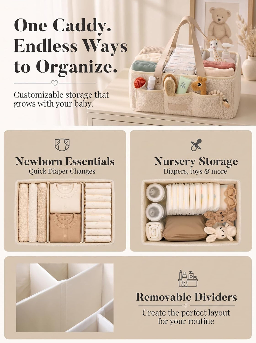 Baby Diaper Caddy Organizer with Waterproof Changing Pad, Beige
