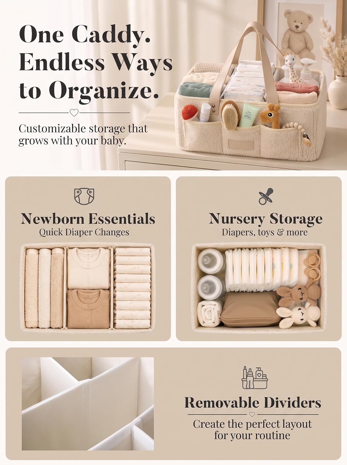 Baby Diaper Caddy Organizer with Waterproof Changing Pad, Beige