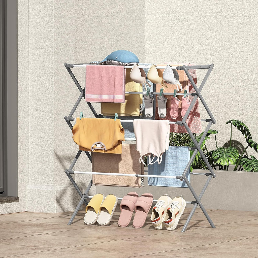 KINGBOARD Clothes Drying Rack, 3-Tier Foldable Extendable, White & Grey