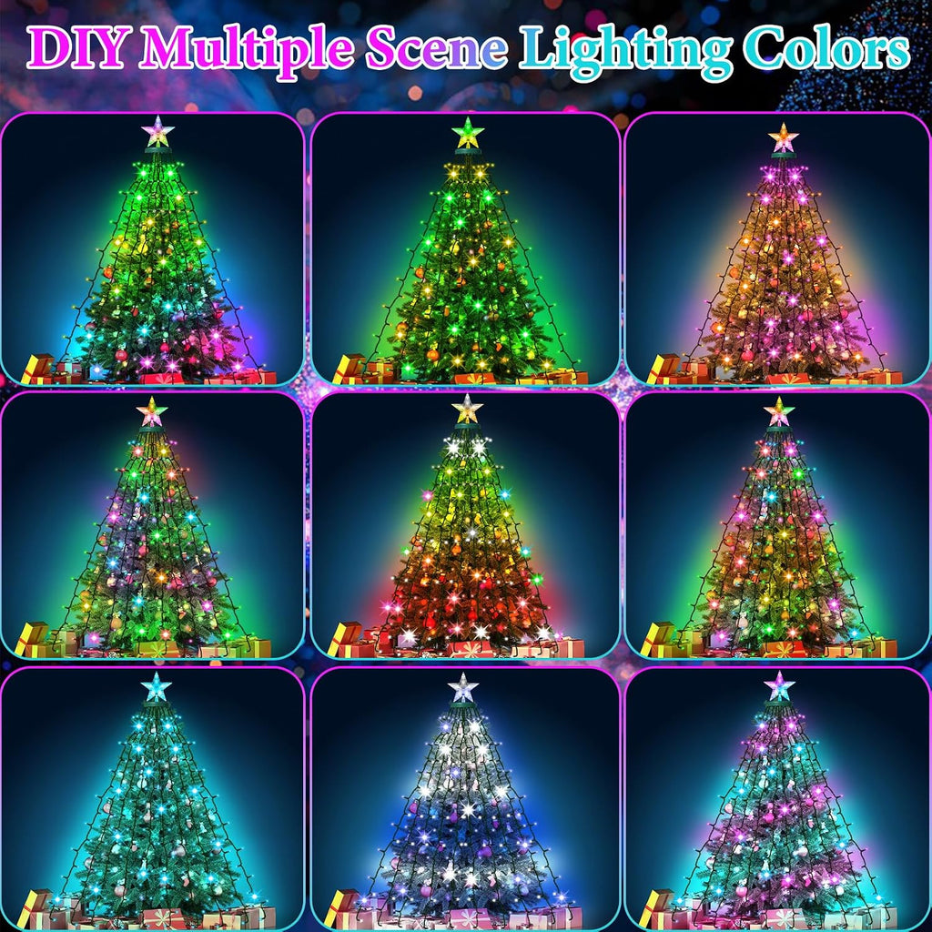 Smart Valentine's Day Lights with Star Topper, APP Control Music Sync Color Changing RGB Christmas String Lights, Cascading Twinkle Lights for Indoor Outdoor Xmas Tree Decorations