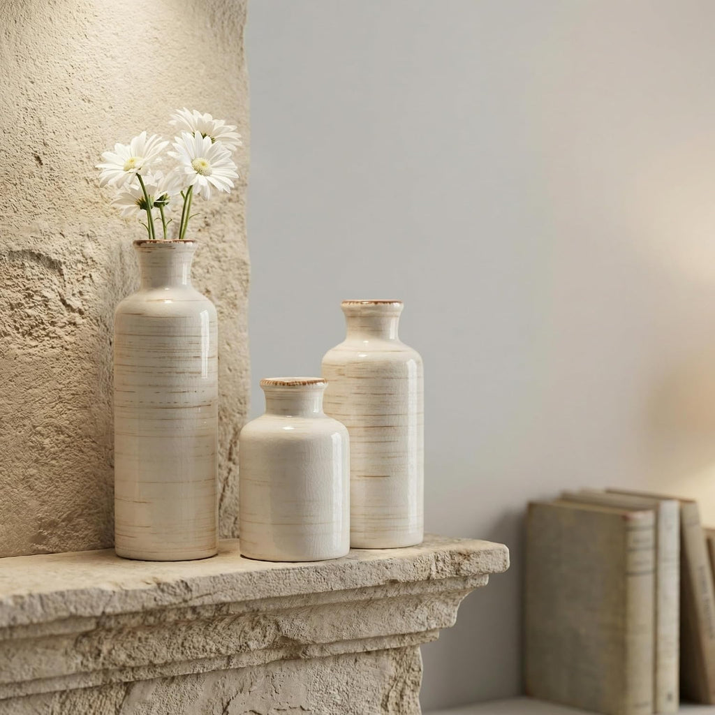 Vintage Ceramic Flower Vase Set of 3, Rustic Farmhouse Vase for Home Decor, Distressed Decorative Vase for Table Entryway Mantel Centerpiece Living Room Bathroom Bedroom (Linen Off-White)