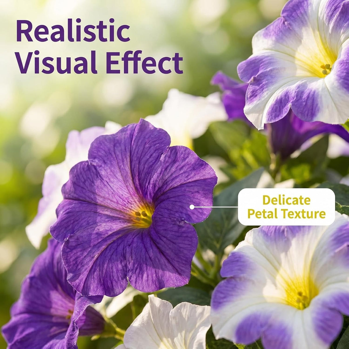Artificial Flowers for Outdoors, Faux Petunias Spring Summer Decoration, Fake Flowers Plants UV Resistant Look Real Silk Flowers for Outside Planter Front Door Porch Patio Yard (Purple+White)