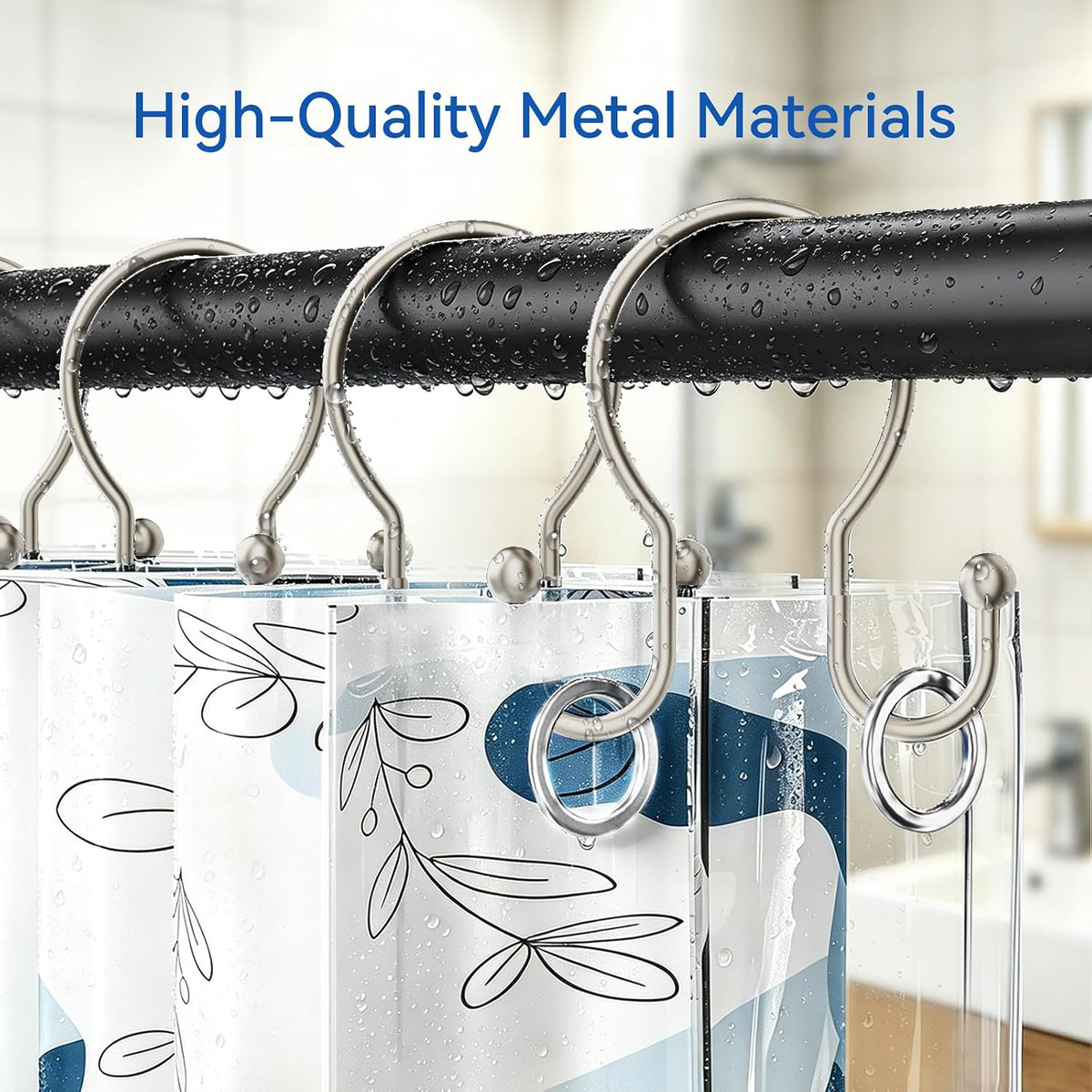 OEH Shower Curtain Hooks, 12 Pcs Minimalist Shower Curtain Rings, Metal Shower Curtain Hangers, Double Hook Shower Curtain Hooks Rust Proof, Smooth Sturdy Shower Hooks for Shower Curtain, Matte Nickel