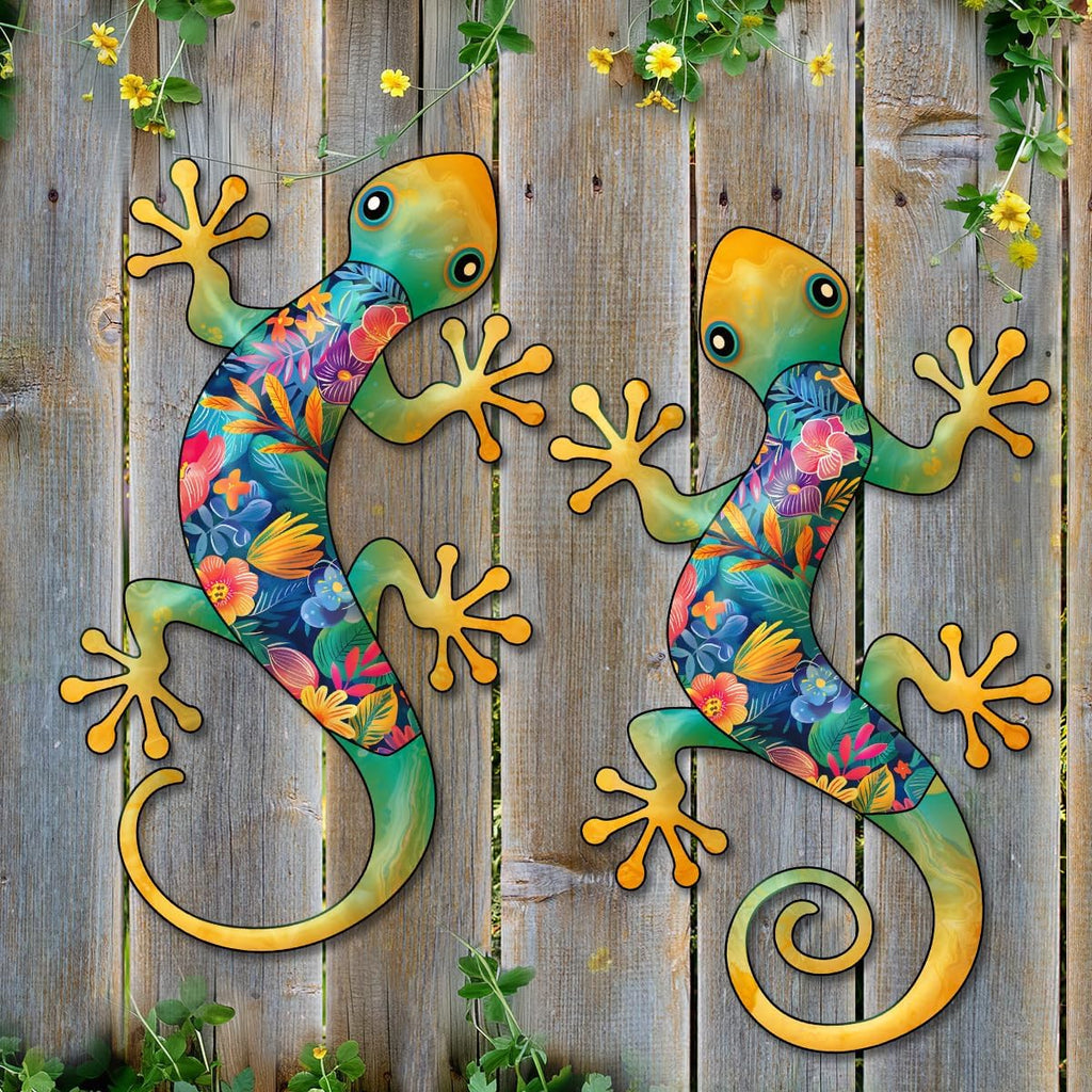 Metal Gecko Outdoor Decor -2 Pack 11.8 inch Metal Lizard Wall Hanging Sculpture Decoration for Indoor or Outdoor, Garden Yard Fence Porch Wall Decor