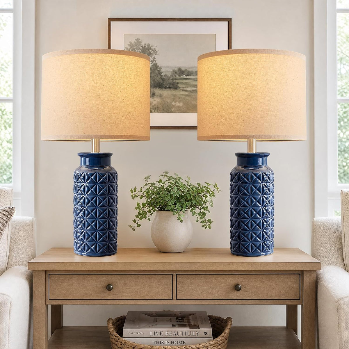 Innqoo 22.6" Modern Ceramic Bedside Lamps Set of 2, Lamps for Bedroom,Blue