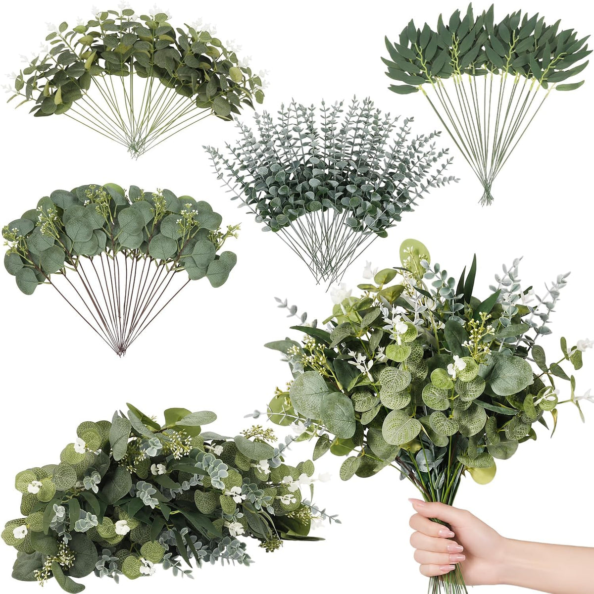 100Pcs Eucalyptus Leaves Stems Bulk, 4 Kinds Mixed Artificial Greenery Stems Faux Sliver Dollar Fake Greenery for Centerpieces Wedding DIY Bouquets Floral Arrangement Party Decor