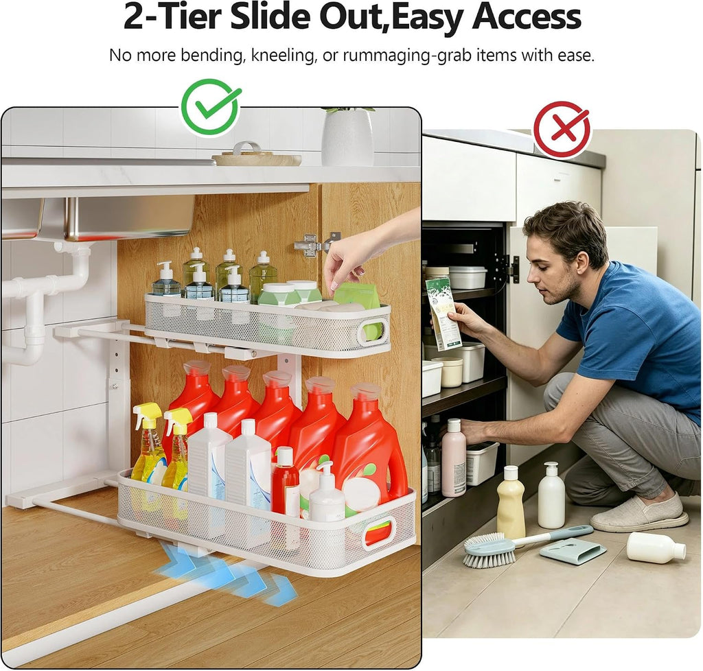 2 Pack Under Sink Organizer With Smooth Cylindrical Rail,2-Tier Pull Out Multi-Purpose Cabinet Storage for Bathroom&Kitchen,Height Adjustable,Rust-resistant Coating-White