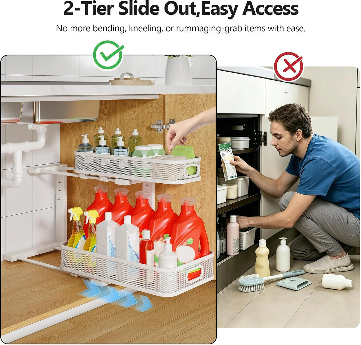 2 Pack Under Sink Organizer With Smooth Cylindrical Rail,2-Tier Pull Out Multi-Purpose Cabinet Storage for Bathroom&Kitchen,Height Adjustable,Rust-resistant Coating-White