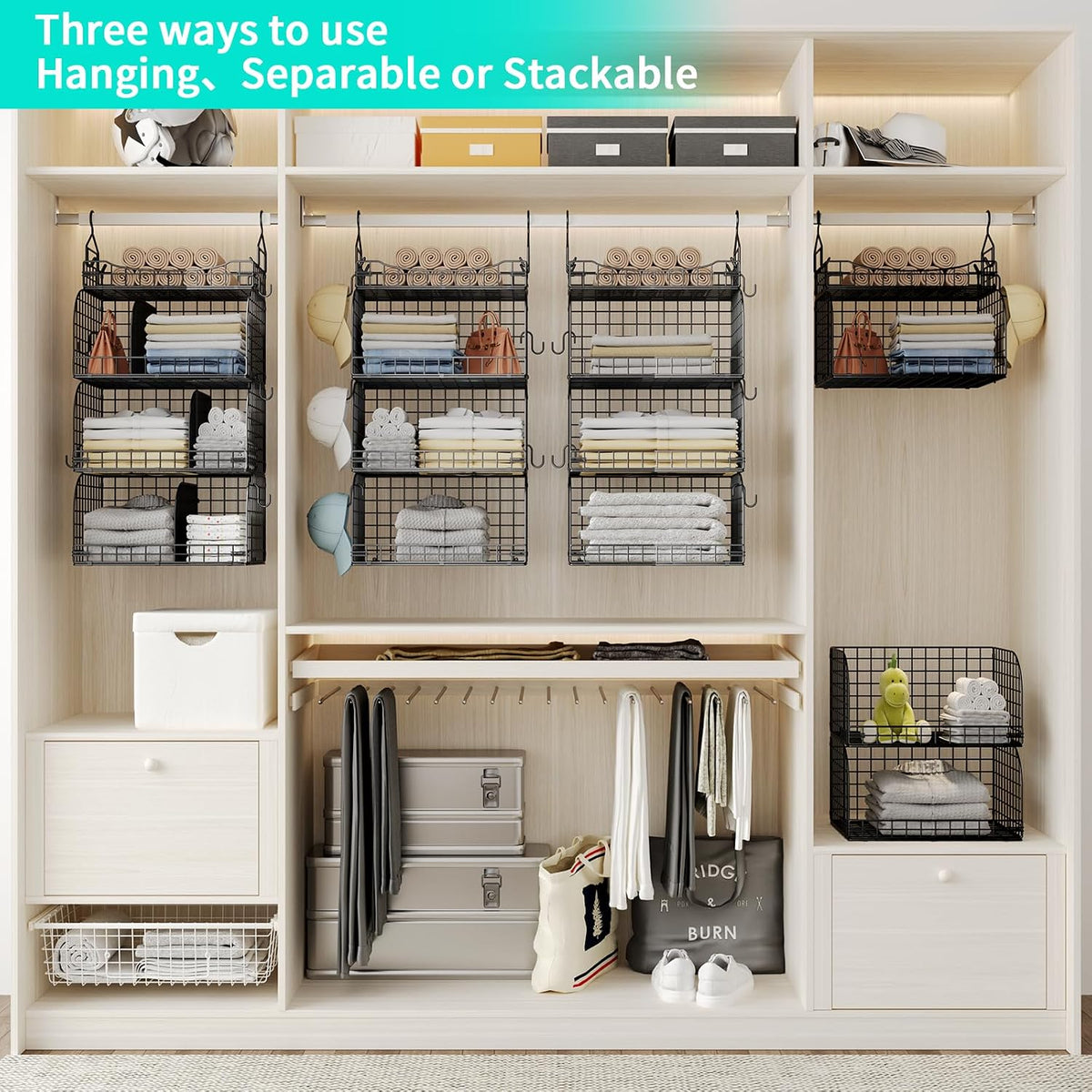 HapiRm Hanging Closet Organizer Storage - 4 Tier Metal Stackable Hanging Closet Shelves with Dividers and S Hooks, Foldable Clothes Shelves for Clothes, Pants, Shoes, Coat, Hats Clutches Accessories