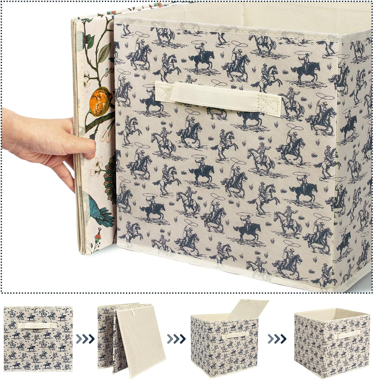 6 Pcs western Cow Cube Storage Bins 12.5 inch with Handle（Navy western）