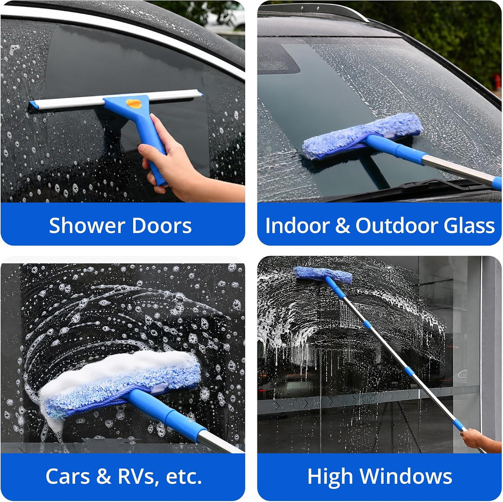 Window Cleaning Kit with Bucket, 76" Extension Pole, Squeegee & Scrubber
