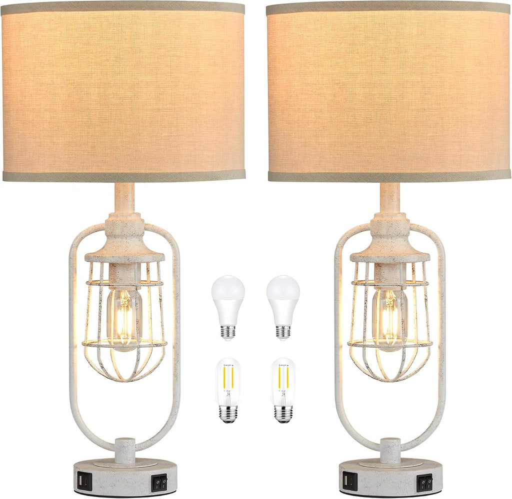 24" Antique Farmhouse Table Lamps Set of 2 for Living Room, USB A+C