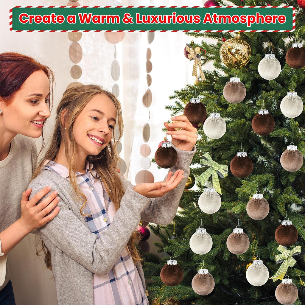 Velvet Christmas Balls Set 30pcs Velvet Christmas Tree Ornaments Shatterproof Xmas Hanging Balls Decorative Hanging for Xmas Holiday Family Home Store Indoor Decor,2.4inch,Neutral,Champagne,Brown