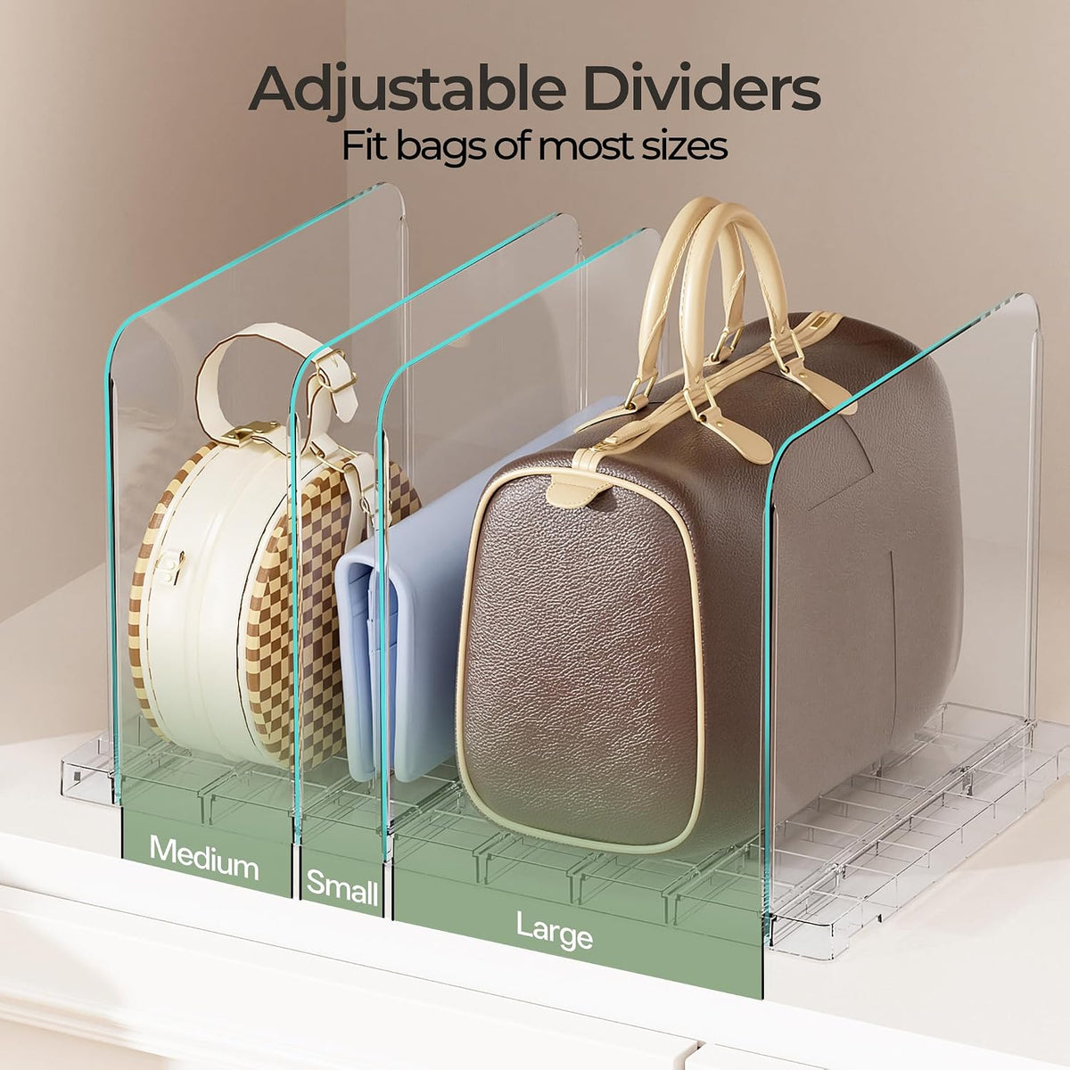 Yecaye Purse Organizer for Closet, Holds 24 Bags, Clear Acrylic Adjustable Shelf Dividers, Stackable Handbag Storage, Keep Bags Upright for Clutch Wallet Pocketbook, Bookshelf Bedroom Office, 6 Pack