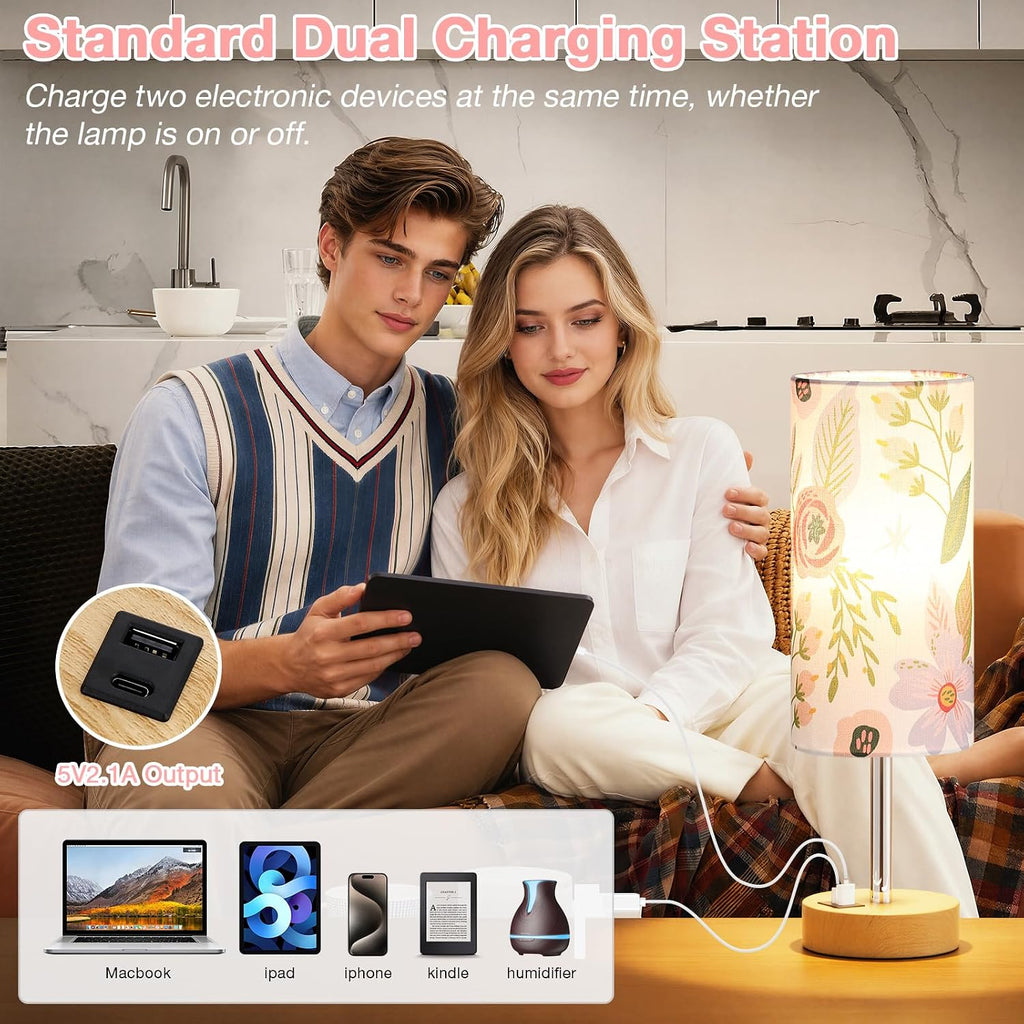 Dicoool Touch Bedside Table Lamp with USB - 3 Way Dimmable Floral Lamp for Bedroom Nightstand, Desk Lamp with Charging Station for Dorm, Living Room, Office, Kids Room, Small, 14in