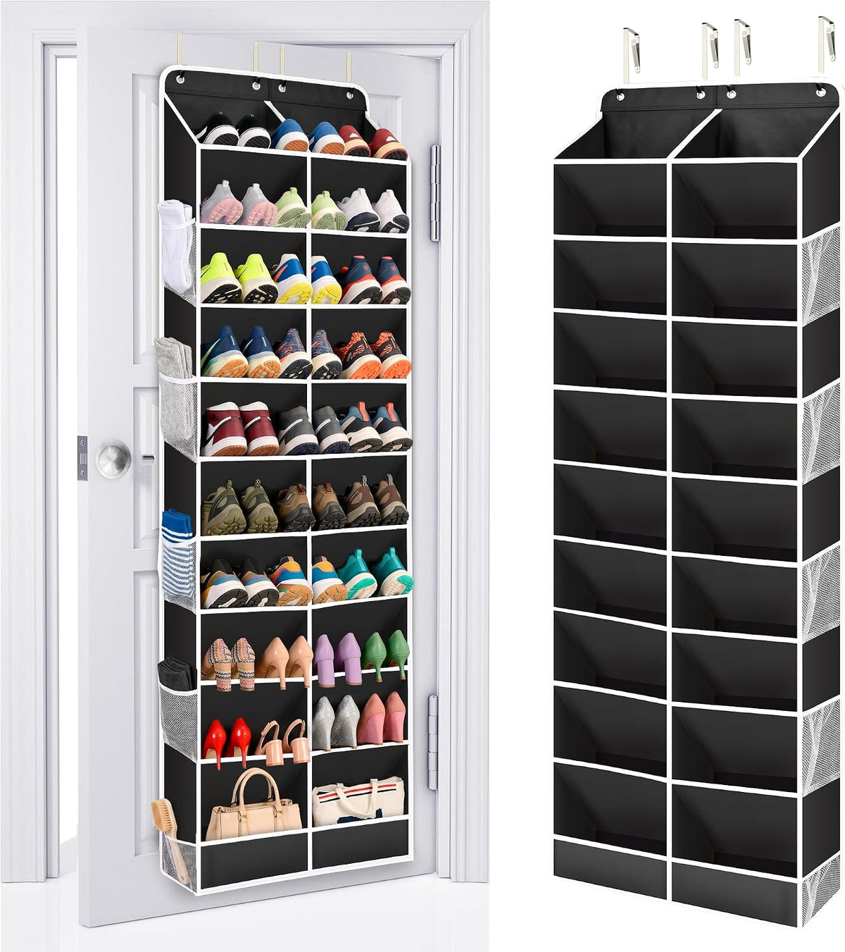 ULG Over The Door Shoe Organizer for Closet Fit 24-32 Pairs with Large Deep Pockets, Narrow Shoe Rack for Door Hanging Boots Storage, Black