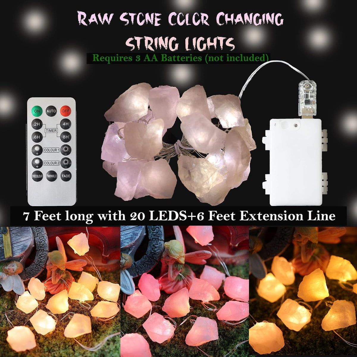 Genuine Rose Quartz Crystal Decorative String Lights Raw Stone Color Changing 8.5ft 20 LEDs USB Plug in Battery Operated with Remote for Bedroom Chakra Décor Nature Ornaments Nightlight Wedding Décor