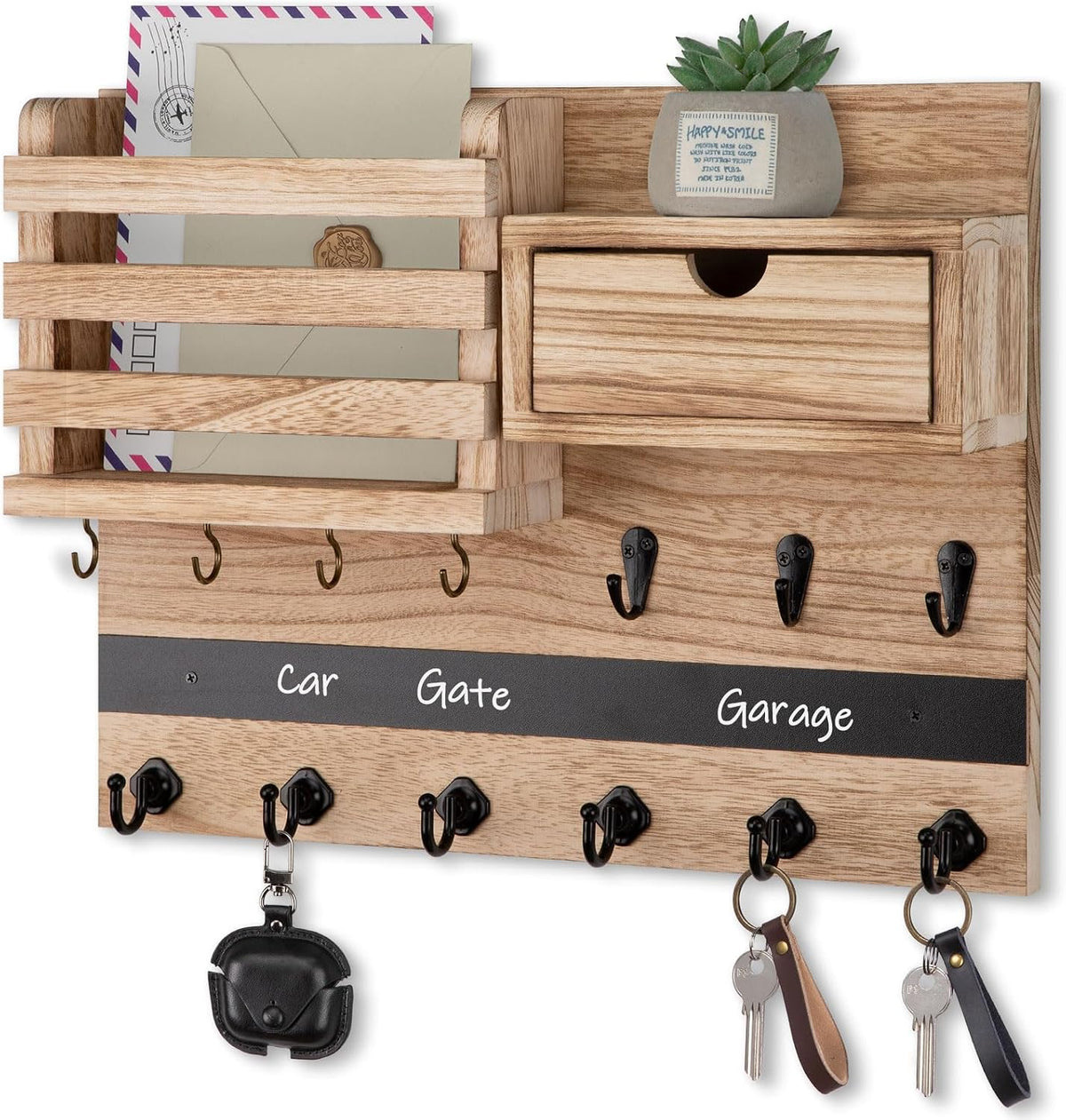 Nekon Key Holder Wall Mount with Drawer, 14.5" Mail Holder, Wood