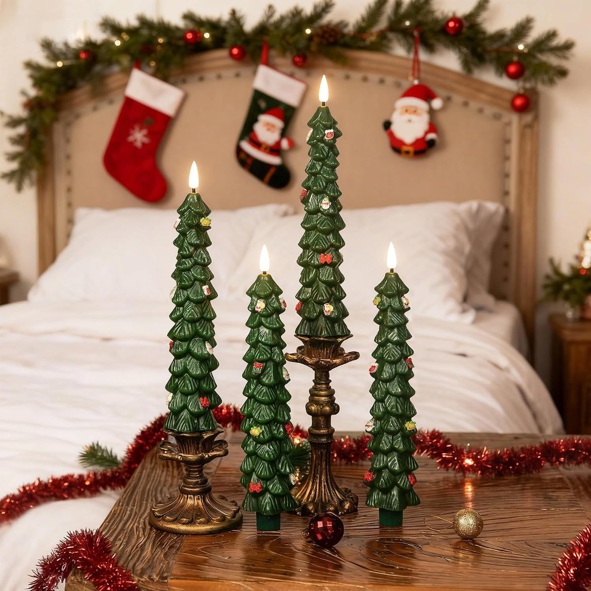 LUSHARBOR Christmas Tree Candles, 4 Pack Flameless Taper Candles 9.8"