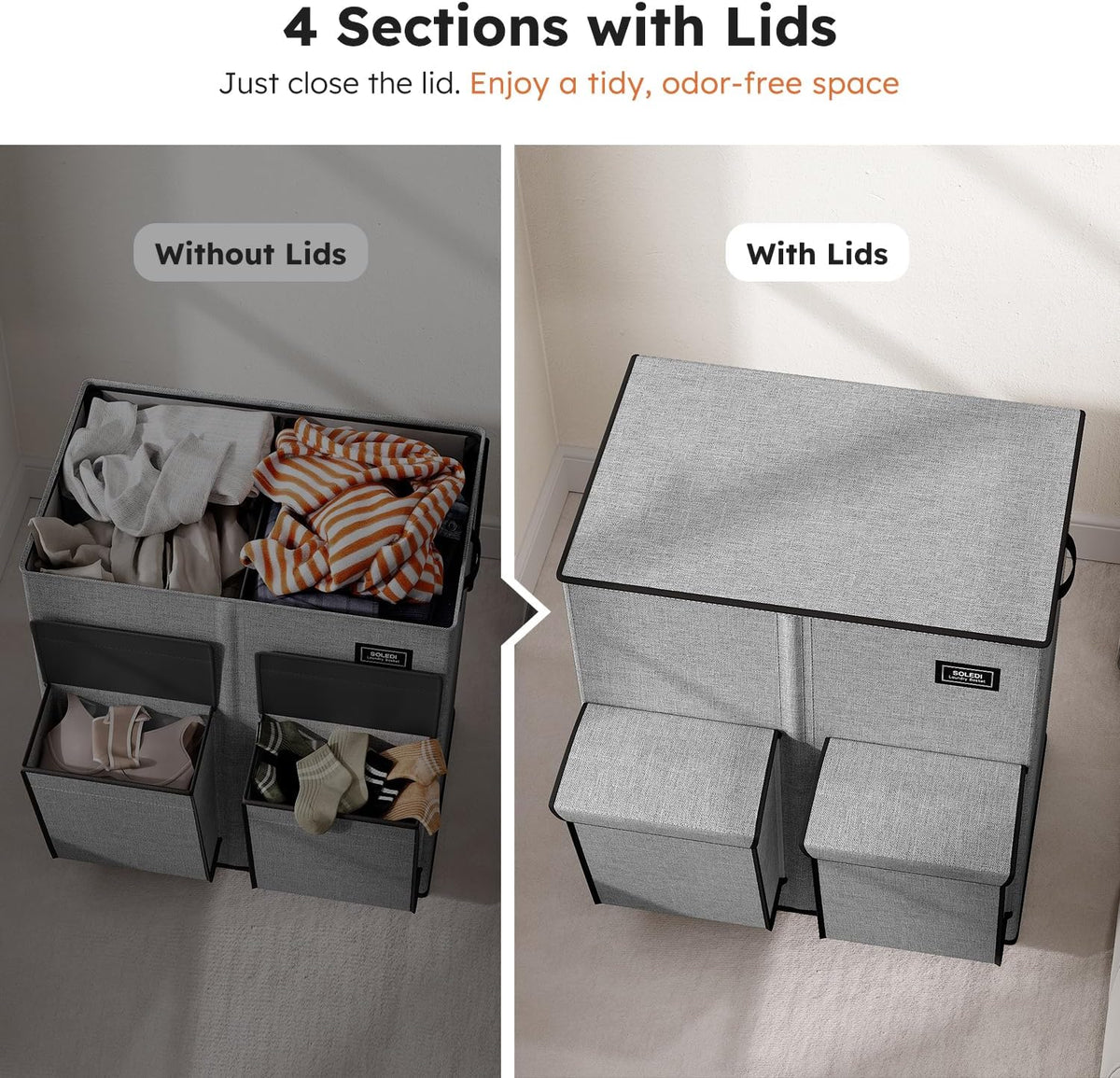 SOLEDI 180L Double Laundry Hamper with Lid and 2 Side Pockets, Dual Hamper
