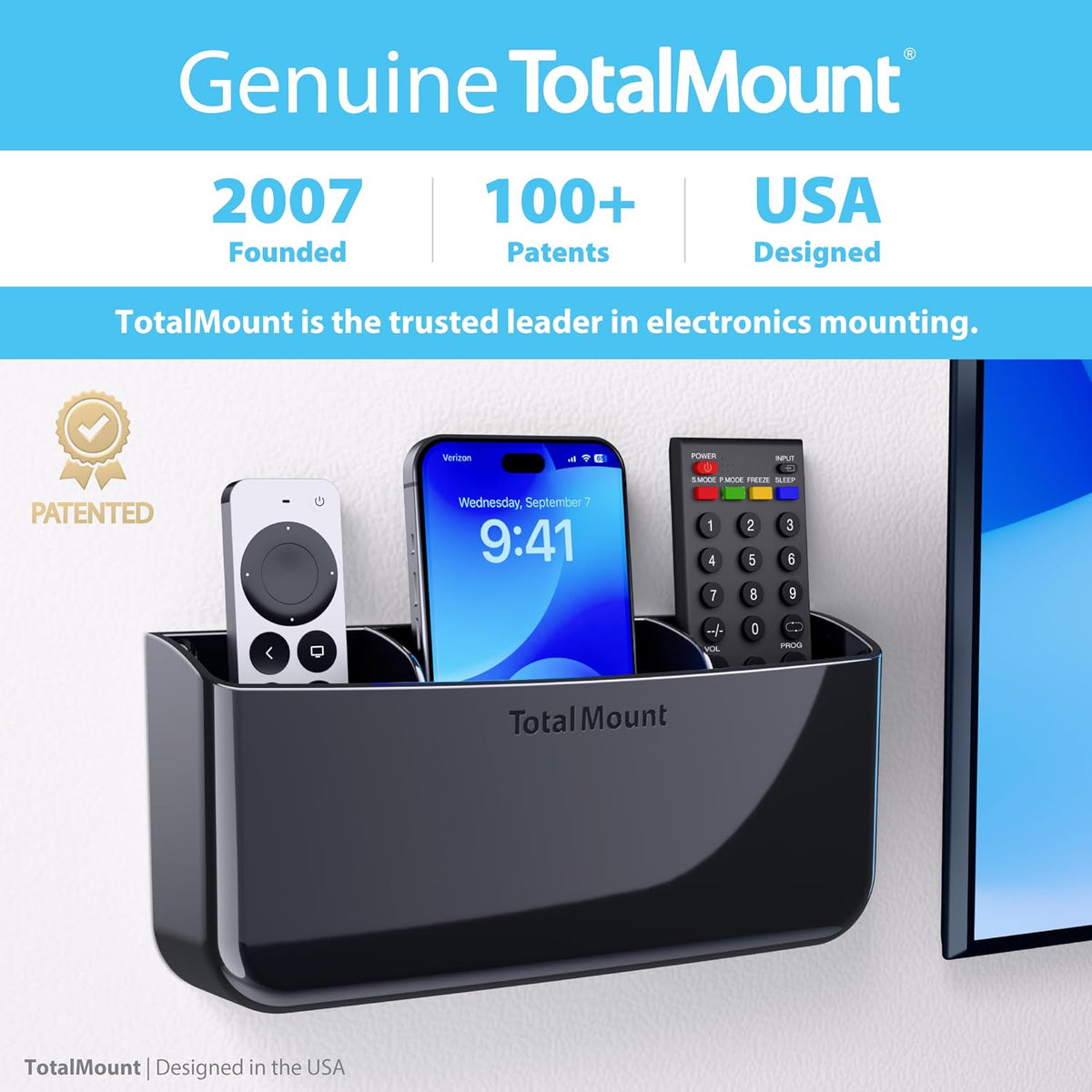 TotalMount Drop-Free Remote Holder – Removable Adhesive Strips – XL Black