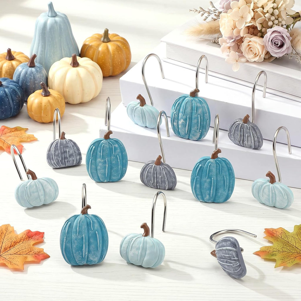 Weysat 12 Pcs Blue Pumpkin Fall Shower Curtain Hooks Bathroom Decor