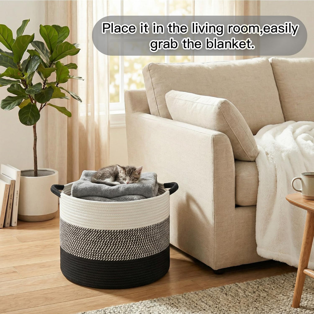Artfeel 70L Large Cotton Rope Basket, Decorative Woven Blanket Storage for Living Room, Boho Toy Storage & Toy Box for Kids, Versatile Laundry Basket & Nursery Hamper for Blankets(Black)