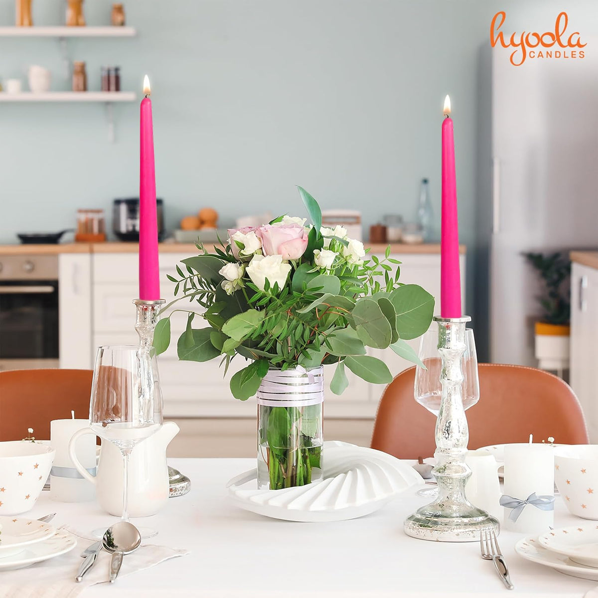 Hyoola 12 Pack Tall Taper Candles - 12 Inch Hot Pink Fuschia Dripless, Unscented Dinner Candle - Paraffin Wax with Cotton Wicks - 10 Hour Burn Time