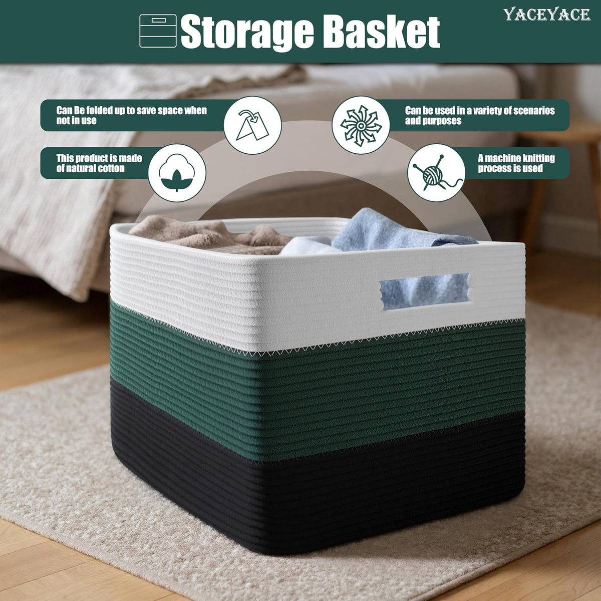 Basket for Blankets Large, Woven Cotton Storage Bin for Living Room, Large Storage Basket for Organizin Shelf, Decorative, 22"x17"x12"