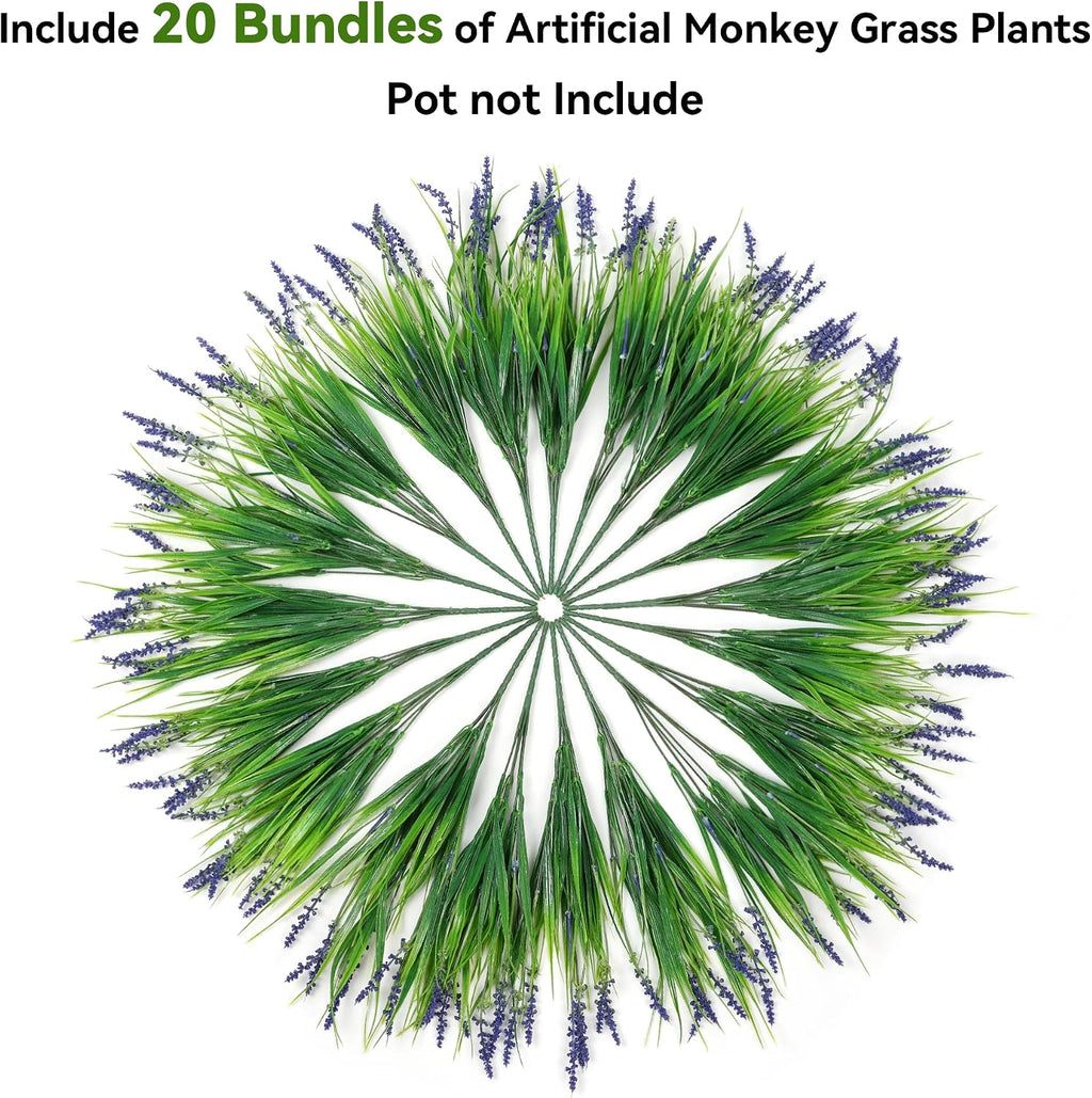 Ivydale 20PCS Artificial Plants Fake Flowers Monkey Grass for Outdoors,UV Resistant Realistic Purple Faux Greenery Shrubs Outside Decor for Home Garland Porch Patio Balcony Planter Yard Office Pathway