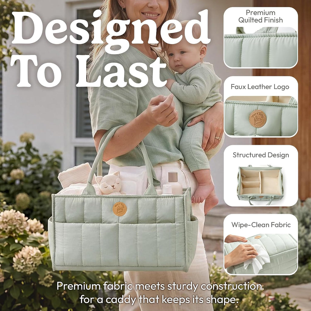 Baby Diaper Caddy Organizer - Portable Diaper Caddy with Handles & Removable Dividers - Large & Quilted Nursery Storage Basket - Changing Table Bag for Car - Baby Shower & Registry Gift - Sage Green