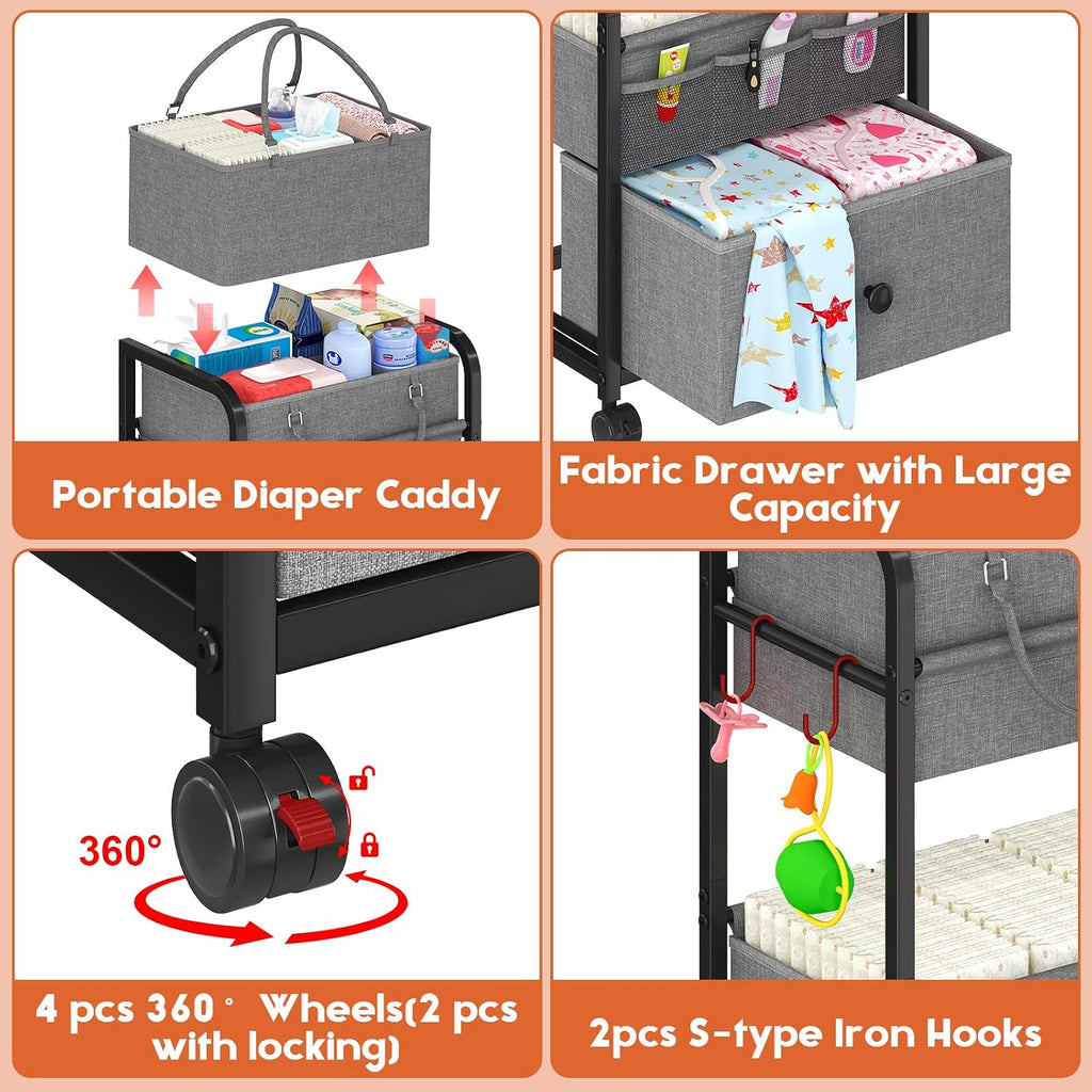 Cidaziya 3In1 Baby Diaper Caddy Organizer, 3 Tier Rolling Cart with Drawer, Detachable Dividers, Mobile Utility Cart Baby Dresser Clothes Organizer for Crib, Bedroom, Art & Craft Storage, Grey