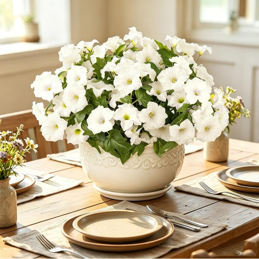Artificial Flowers for Outdoors, Faux Petunias Spring Summer Decoration, Fake Flowers Plants UV Resistant Look Real Silk Flowers for Outside Planter Front Door Porch Patio Yard (White)