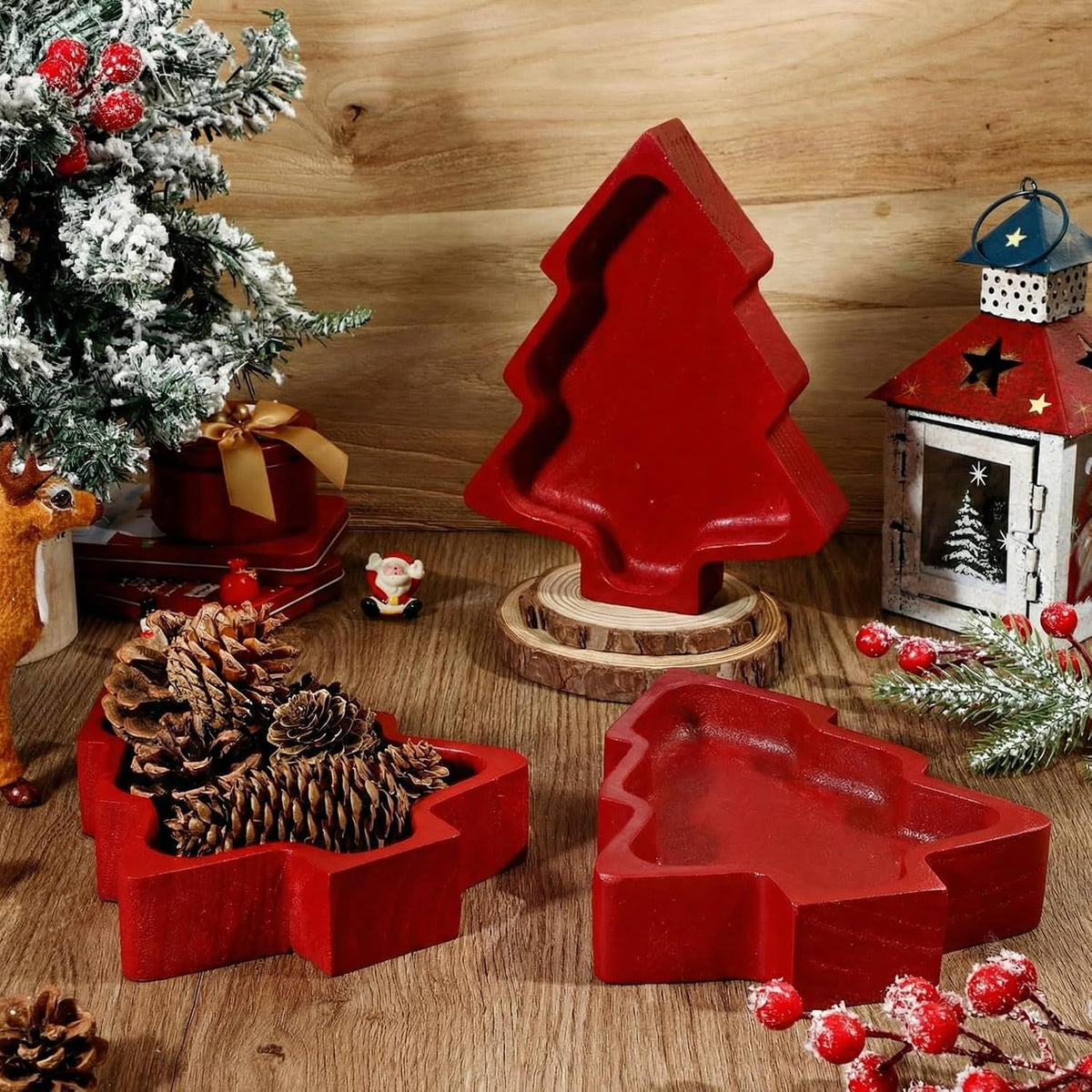 Jingmore 4 Pcs Christmas Wooden Bowl Xmas Tree Tray Dough, Red