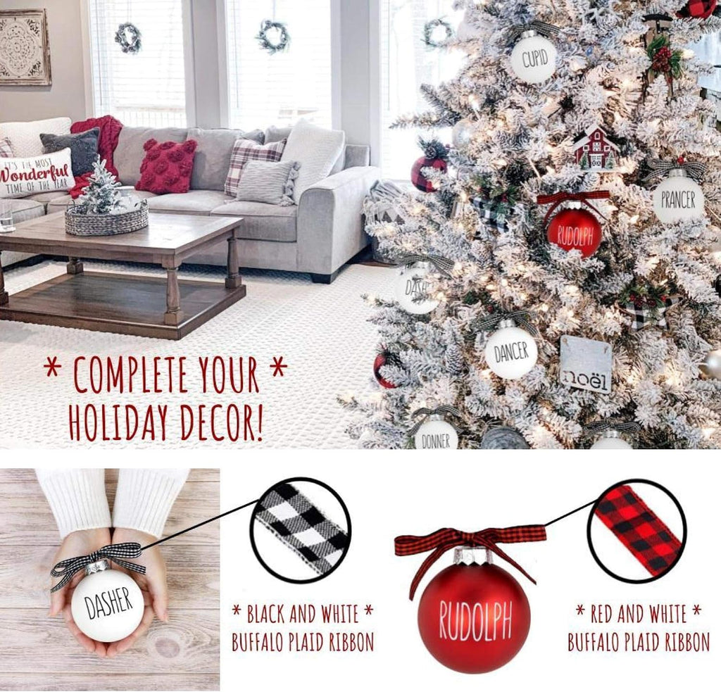 Buffalo Plaid Christmas Tree Ornaments - Set of 9 Shatterproof Bulbs