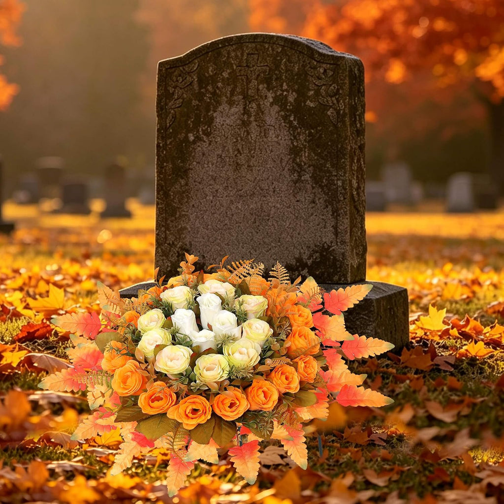 Lodou Artificial Cemetery Flowers,Silk Memorial Cake for Cemetery,Artificial Flower Centrepieces for Tables,Artificial Rose Graveyard Memorial Flowers for Headstones Decoration (Autumn Yellow)