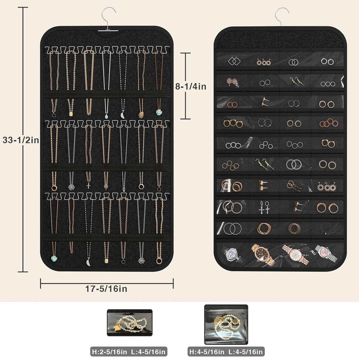 Double-Sided Hanging Jewelry Organizer for Necklaces Earrings, 2-Pack Black