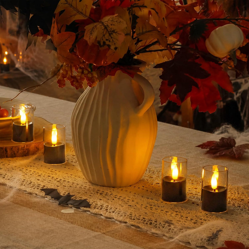 Flameless D: 1.7" H: 2.5" Small Tea Light LED Candles, Clear Acrylic Battery Operated Votive with Remote Control and Timer, Tealight Black Flickering Warm Light Pack of 8 Electric Halloween