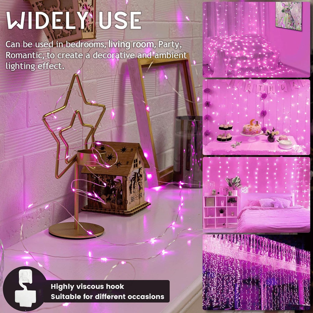 Pink Fairy Curtain Lights for Bedroom - 300 LED 9.8x9.8 Ft Battery Operated String Lights with Remote, 8 Modes USB Plug-in - for Pink Room, Party, Bedroom Decoration